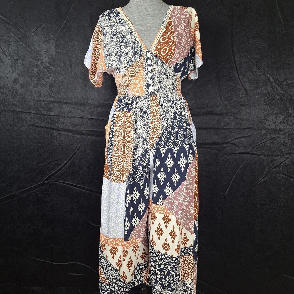 Small Patrons of Peace Romper Ruched Button Front Wide Leg Patchwork Pockets